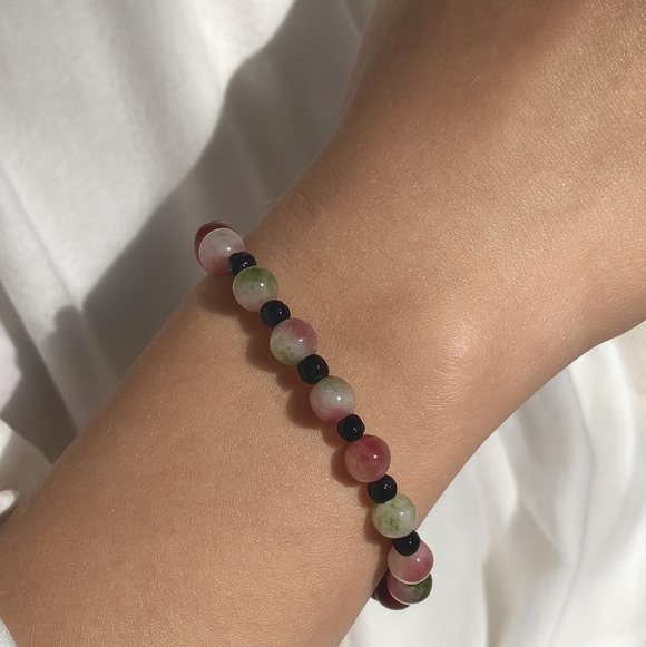 Handcrafted Watermelon Tourmaline Black Glass Bracelet - Picture 1 of 4